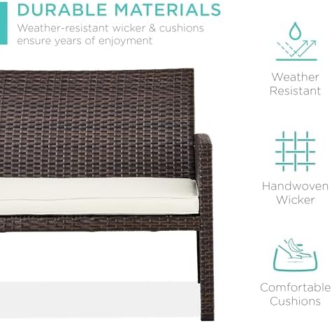 Best Choice Products 4-Piece Outdoor Wicker Patio Conversation Furniture Set for Backyard w/Coffee Table, Seat Cushions - Brown/White Sand - Image 3