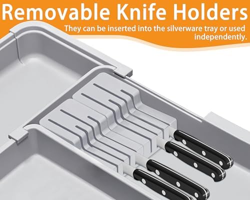 Silverware Drawer Organizer for Kitchen, Adjustable Utensil Drawer Organizer with 2 Knife Block, BPA Free Flatware and Cutlery Holder, Expandable Plastic Storage for Spoons Forks Knives(Grey) - Image 6