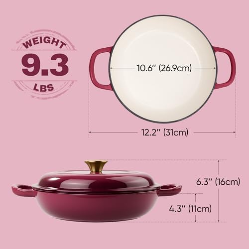 3 Quart Enameled Cast Iron Braiser, Non Stick Enameled Cast Iron Skillet with Lid, Dutch Oven Skillet with lid up to 500°F for Oven, Stove, Grill, Shallow Dutch Oven for Cook, Bake (Rose) - Image 3