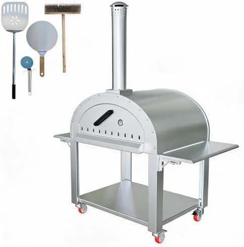 Wood-Fired Outdoor Pizza Oven 44 in – Stainless Steel 2-Layer Vertical Charcoal & Pellet Pizza Maker with 4 Wheels, Mobile Kiln-Style Pizza Grill, High Heat for Patio & Outdoor Kitchen Backyard by Unknown
