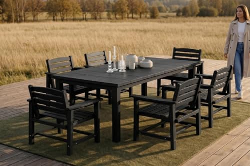 Perli™ 7-Piece Outdoor Dining Set, All-Weather HDPE Patio Furniture with 6 Ergonomic Chairs & Large Table, Built-in Umbrella Hole, UV-Resistant Set for Backyard, Deck, Poolside, Black - Image 2
