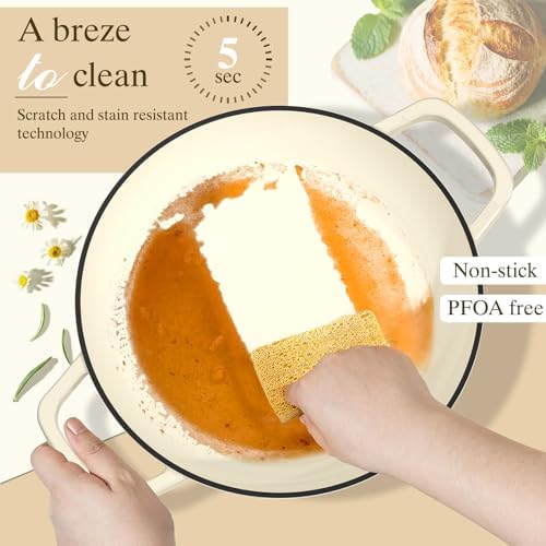 Enameled Round Cast Iron Bread Oven, 6 Qt Cast Iron Dutch Oven for Homemade Sourdough Bread Baking, Bread Pot with Dome Lid & Cotton Potholders (Cream White) - Image 5