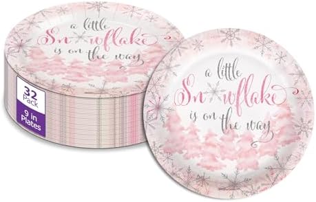 Birthday Galore A Little Snowflake is On The Way Girl's Baby Shower - 32 Piece Disposable Party Supplies - Winter Baby Shower Decorations - Round Party Plates - Large 9" Paper Plates In Bulk by BirthdayGalore