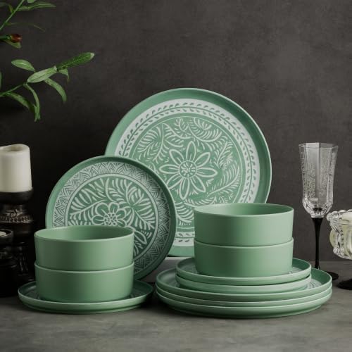 MissYip Melamine Dinnerware Set, 12 Piece for 4, Thicker Sturdy Indoor and Outdoor Use Tableware, Durable Plastic Plates and Bowls set, BPA Free, Dishwasher Top Safe, Not Microwave, Not Oven(Green) - Image 7