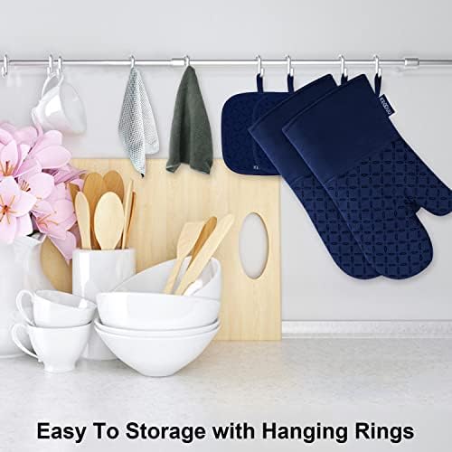 KEGOUU Oven Mitts and Pot Holders 6pcs Set, Kitchen Oven Glove High Heat Resistant 500 Degree Extra Long Oven Mitts and Potholder with Non-Slip Silicone Surface for Cooking(Marine Blue) - Image 4
