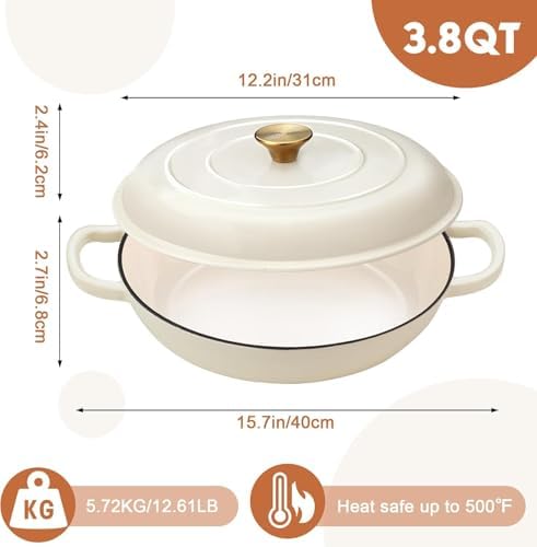 Overmont Enameled Cast Iron Dutch Oven - 3.8 QT Shallow Braiser with Recipe - Image 5