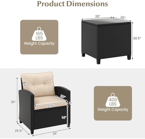 Tangkula 3 Piece Patio Furniture Set, Rattan Conversation Set w/Soft Seat & Back Cushions, Tempered Glass Topped Coffee Table, Cushioned Wicker Seating Set for Backyard, Porch, Poolside (Beige) - Image 5