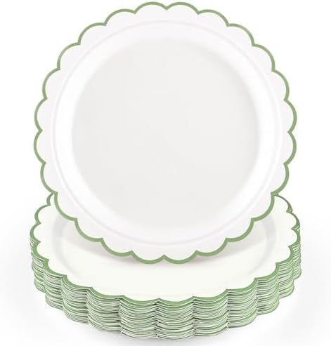 NatNarr 30 Pk Sage Green Paper Plates 9" Scalloped Green White Party Plates by NatNarr
