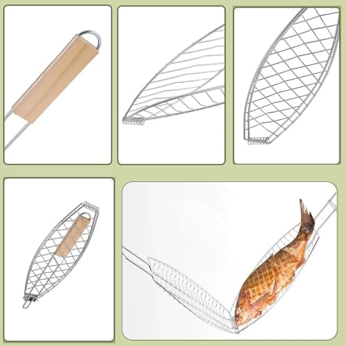 Fish Grilling Basket Fish Holder Kabob Salmon Shrimp Seafood Cage Rack with Oil Brushes - Image 6