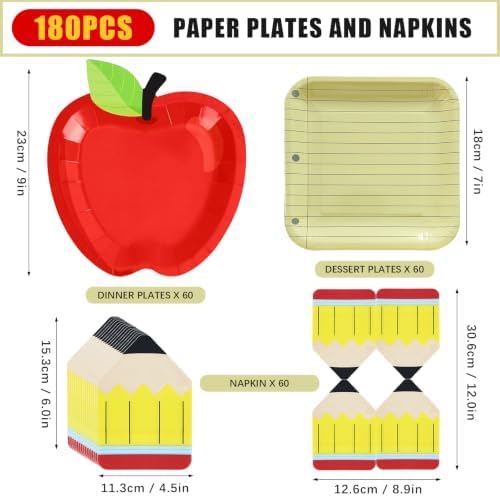 180Pcs Back to School Red Apple Paper Plates and Napkin Set,Serves 60 - Image 2