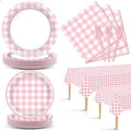 98 Pieces Pink checkered Party Supplies for 24 Guests Pink and White Checkered Tableware Set Plaid Plates Napkins Tablecloth Party Decorations for Birthday Barbecue Picnic Dinner Favors by ZOIIWA