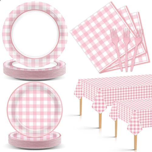 98 Pieces Pink checkered Party Supplies for 24 Guests Pink and White Checkered Tableware Set Plaid Plates Napkins Tablecloth Party Decorations for Birthday Barbecue Picnic Dinner Favors by ZOIIWA