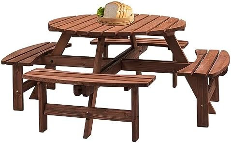 43.3'' Round Outdoor Dining Table Wooden Patio Dining Table & 4 Curved Built-in Bench for 8, 2" Umbrella Hole, Suitable for Backyard Garden Porch, Brown - Image 6