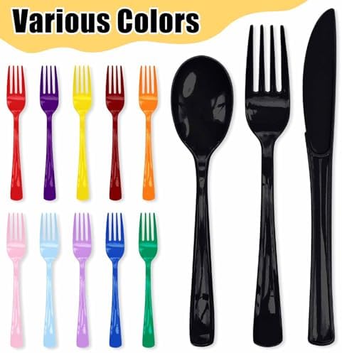 HEIPINIUYE 75 Pack Black Plastic Cutlery Heavy Duty Black Plastic Knives Forks and Spoons Disposable Silverware Set for 25 Guest Birthday Halloween Baby Shower Party Cutlery Set - Image 4