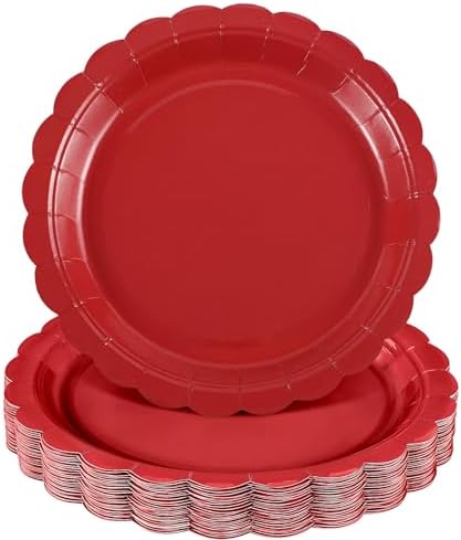 NatNarr 30 Pcs Red Paper Plates 9" Disposable Scalloped Red Party Plates by NatNarr