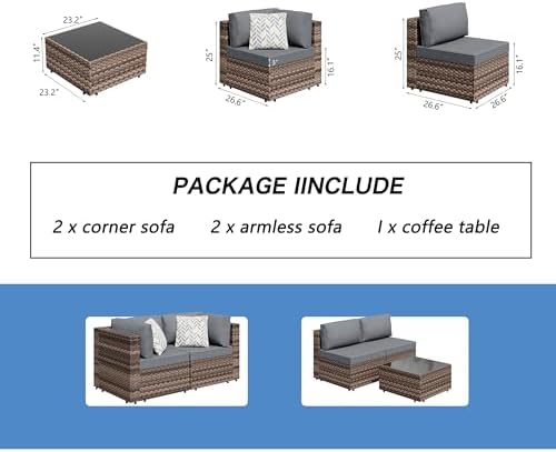 Shintenchi 5 Piece Outdoor Patio Furniture Set with Brown PE Rattan, Gray - Image 6