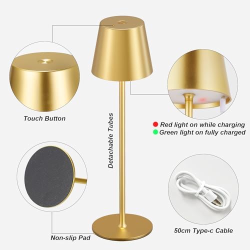 Cordless Table Lamp Rechargeable Gold - KK 2 Pack 5000mAH Battery Operated Lamp for Dining Table, 3 Color Stepless Dimming Wireless Lamp for Counter, Outdoor Patio, Touch Control, Water Repellent - Image 6