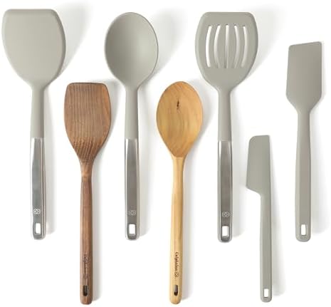 Calphalon Prime 7-Piece Silicone and Teak Wood Kitchen Tool Set, Stainless Steel Kitchen Utensil Set, Kitchen Spoon And Spatula Set, Heat Resistant Non-Slip Kitchen Gadgets Set - Taupe by Calphalon