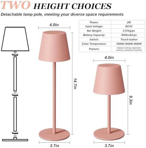 Kakanuo Cordless Table Lamp Rechargeable Pink - KK 2 Pack 5000mAH Battery Operated Lamp for Counter, 3 Color Stepless Dimming Wireless Lamp for Dining Kitchen, Outdoor Patio, Touch Control - Image 5