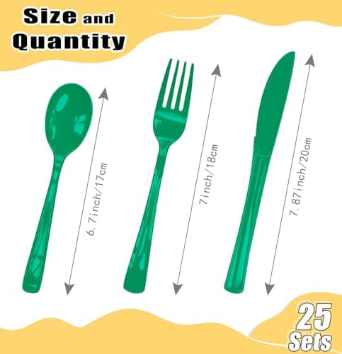 HEIPINIUYE 75 Pack Green Plastic Cutlery Heavy Duty Green Plastic Knives Forks and Spoons Disposable Silverware Set for 25 Guest Camping Birthday Baby Shower Party Cutlery Set - Image 3