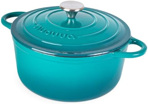 Cast Iron Dutch Oven with Lid - Non-Stick Ovenproof Enamelled Casserole Pot - Sturdy Dutch Oven Cookware - Teal, 5- Quart, 24cm- by Nuovva by Nuovva