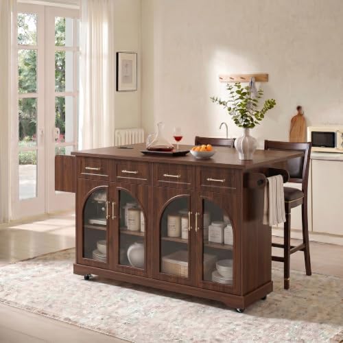65" Rolling Kitchen Island with Storage and Drop Leaf & Arched Door Brown - Image 3