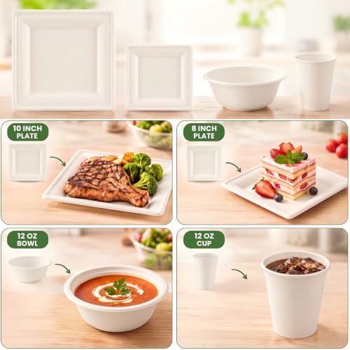 Havawish 100 Pcs Compostable Paper Plates and Bowls Set for 25 Guests, 10in & 8in Heavy Duty Sugarcane Disposable Plates 12 oz Biodegradable Cups and Paper Bowls, Party Camping Picnic(white) - Image 2