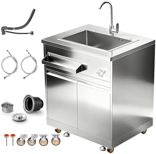 BODEGA Stainless Steel Outdoor Kitchen Sink Cabinet, Outdoor Sink With Hose Hook Up,Single Bowl Kitchen Sinks With Brake Wheels & Spice Rac, All-Weather Use, Mobile Prep Station for BBQ, Camping, RV. by BODEGA