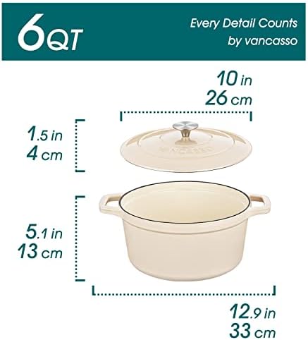 vancasso 6 Qt Round Enameled Cast Iron Dutch Oven with Lid & Handles, Cream - Image 2