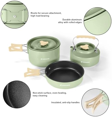 Odoland 19pcs Camping Cookware Mess Kit, Non-Stick Pot Pan Kettle Set for 2 - Image 6