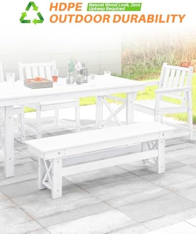 HDPE Outdoor Dining Set of 6, Patio Dining Table Set with 4 Chairs and 1 Bench, 6 Pieces HDPE Dining Set with Umbrella Hole, Outdoor Furniture Sets for Deck, Poolside, Garden, Pearl - Image 5
