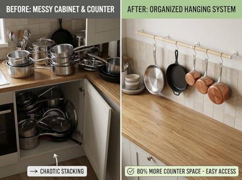 Wooden Pot Rack Wall Mounted - Pans Hanging Rack and Detachable Kitchen Lids Utensils Hanger (Wood color, 50.6inch/3 Pack) - Image 5