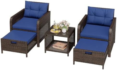 LHBcraft 5 Piece Patio Furniture Set, PE Wicker Outdoor Furniture Set with Soft Cushions & Coffee Table, Outdoor Lounge Chairs with Ottoman for Porch, Lawn, Balcony, Brown-Blue by LHBcraft-US