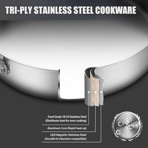 DELARLO 10 Inch Tri-Ply Stainless Steel Paella Pan with Lid, Large Induction Skillet & Jumbo Frying Pan, Heavy Duty Cookware for Paella Parties, Indoor & Outdoor Use - Image 4