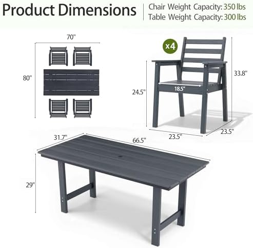 5-Piece Outdoor Dining Set, All-Weather HDPE Patio Furniture, 66.5" Slatted Table with 1.6" Umbrella Hole & 4 Ergonomic Armchairs, Heavy Duty 350lbs Capacity, UV Resistant, Gray - Image 2