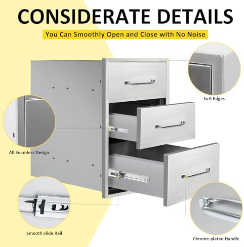 Outdoor Kitchen Drawers 14" W x 21"H x 21"D Stainless Steel Drawer Flush Mount Triple BBQ Drawers with Chrome Handle for Outdoor Kitchen Island, Patio Grill Station - Image 4