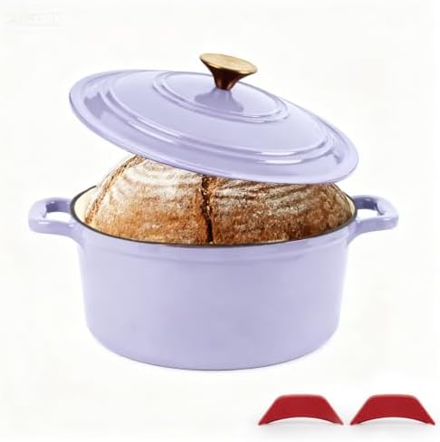 Enameled Cast Iron Dutch Oven with Lid&Silicone Grip, Round Casserole Pot for Bread Baking, Braising, Roasting,Stews,Heavy-Duty Baking Pan,Oven Safe, Induction Compatible (4.7QT,Purple) by TASTEDELI