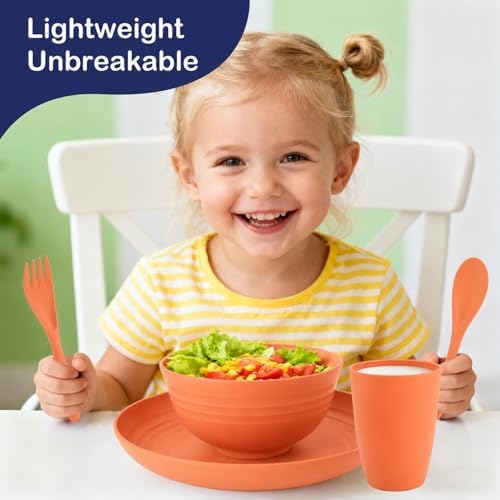 Kids Wheat Straw Dinnerware Sets for 4, 20 Piece Unbreakable Dinnerware Set, Plates and Bowls Sets, Kitchen Plates and Bowls Set, Lightweight Dish Set for Picnic, Camping, and Daily - Orange - Image 4