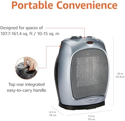Amazon Basics Oscillating Ceramic Portable Indoor Space Heater, Fast Heating Technology, Overheat and Tip-Over Protection, Adjustable Thermostat, 1500W, 7.52"D x 6.34"W x 9.45"H, Silver - Image 3