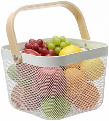 Mesh Steel Storage Organizer Basket Fruit Basket Bin with Wood Handle Ideal for Kitchen Bathroom Picnic Baskets Pantry Cabinets Storage Home Decor (White) by Ymeibe