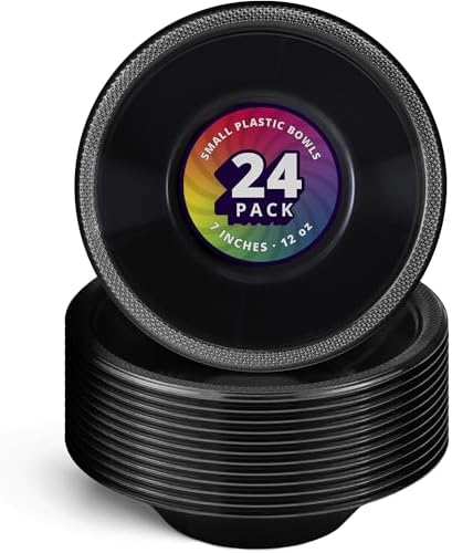 DecorRack 24 Black Plastic Bowls, 7 in Disposable 12 oz Bowl by DecorRack