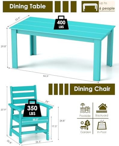 GREENVINES 7-piece Outdoor Dining Set, HDPE Table & 6 Chairs, Aqua - Image 2