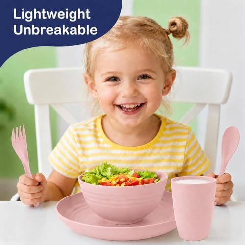 Wheat Straw Dinnerware Sets for 4, 20 Piece Unbreakable Kids Dinnerware Set, Toddler Plates and Bowls Sets, Kitchen Plates and Bowls Set, Lightweight Dish Set for Travel Camping Party - Muted Pink - Image 4