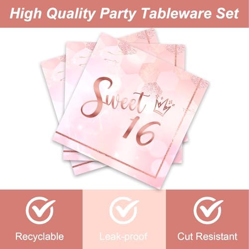 48pcs Sweet 16 Party Decoration Set,16 Dessert Plate,16 Napkin and 16 Fork,Sweet 16 Disposable Tableware for 16 Persons,Used for Pink Rose Gold 16 Party Supplies - Image 4