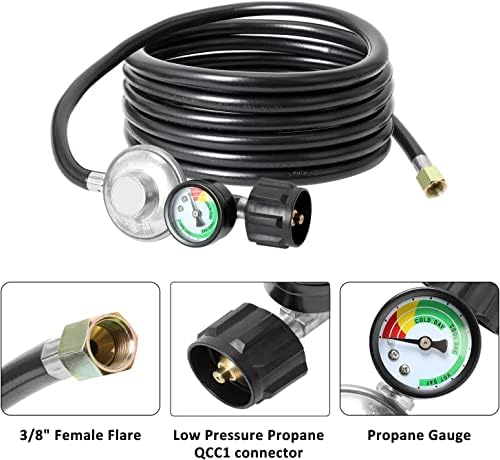 ATKKE 6ft Propane Hose Regulator with Gauge, Gas Grill Regulator with Gauge for Most LP Gas Grill, Heater, Fire Pit Table, Generator and More, 5~40 lb, 3/8 Female Flare Nut, QCC1/Type1, Low Pressure - Image 2