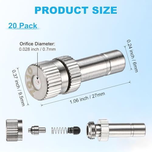 M METERXITY 20-Pack Brass Misting Nozzles, 0.028"/0.7mm Orifice Mister Replacement Heads for Outdoor Cooling System/Landscaping/Humidification/Greenhouse, 6mm Low-Pressure Fog Sprayer Nozzle - Image 3