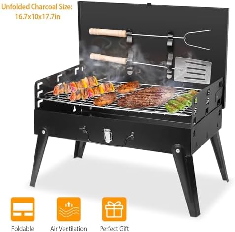 KOCASO Portable Charcoal Grill, Foldable BBQ Suitcase Grill Shelf for Outdoor Camping Picnics Garden Grilling – 16.7x10x17.7 in - Image 2