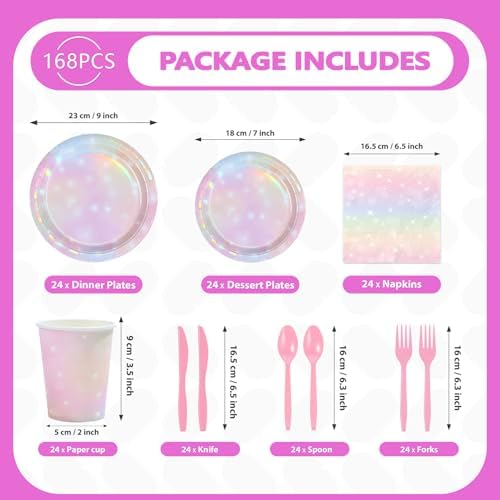 168Pcs Pink Pastel Rainbow Party Decorations Pink Iridescent Plates and Napkins Cups Tableware Sets Rainbow Party Decorations for Rainbow on Cloud 9 Birthday Weddings Baby Shower Supplies Serves 24 - Image 2
