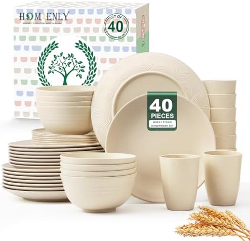 Homienly 40 PCS Dinnerware Set Service for 8, Kitchen Wheat Straw Dinnerware Set Unbreakable - Plates Set, Bowls Set,Cups Set, Microwave and Dishwasher Safe Dish Set for Dinner, Outdoor(Beige) by HOMIENLY