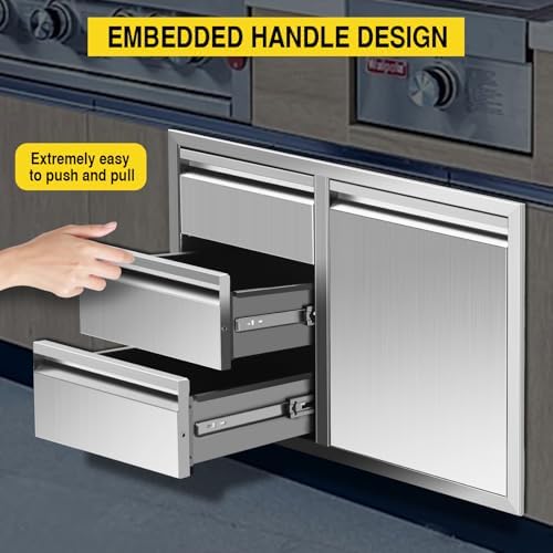 Outdoor Kitchen BBQ Island Drawers Combo 28" W x 20.1" H x 19.7" D with Recessed Handle BBQ Access Triple Drawers and Trash Drawer for BBQ Island Patio Grill Station - Image 3